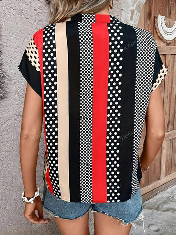 V-Neck Batwing Sleeve Polka Dot And Striped Print Blouse