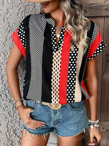 V-Neck Batwing Sleeve Polka Dot And Striped Print Blouse
