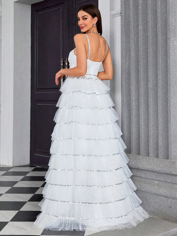 V-Neck Embroidered Lace, 3D Flower, Sequined, Ribbon, Mesh, Multilayered Cake Skirt, Swing, Strap Bridal Wedding Bridesmaid Dress