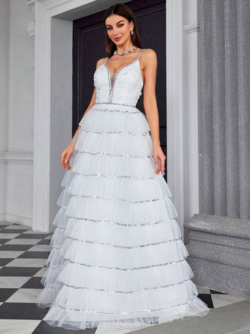 V-Neck Embroidered Lace, 3D Flower, Sequined, Ribbon, Mesh, Multilayered Cake Skirt, Swing, Strap Bridal Wedding Bridesmaid Dress