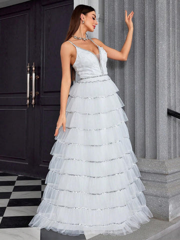 V-Neck Embroidered Lace, 3D Flower, Sequined, Ribbon, Mesh, Multilayered Cake Skirt, Swing, Strap Bridal Wedding Bridesmaid Dress