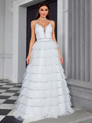 V-Neck Embroidered Lace, 3D Flower, Sequined, Ribbon, Mesh, Multilayered Cake Skirt, Swing, Strap Bridal Wedding Bridesmaid Dress