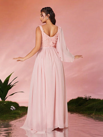 V-Neck Embroidered Lace Asymmetric Shoulder Pearl Chiffon Draped Front Slit High-End Evening Gown