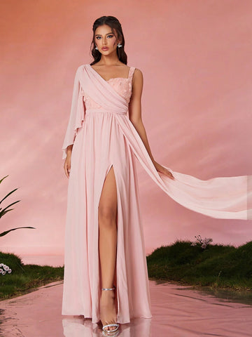 V-Neck Embroidered Lace Asymmetric Shoulder Pearl Chiffon Draped Front Slit High-End Evening Gown