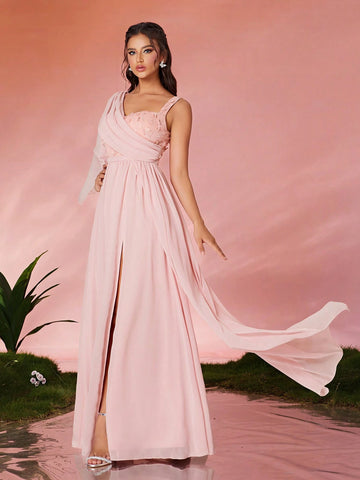 V-Neck Embroidered Lace Asymmetric Shoulder Pearl Chiffon Draped Front Slit High-End Evening Gown