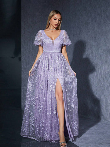 V-Neck Embroidered Lace Lantern Sleeve High-End Maid Of Honor Evening Dress With Front Slit