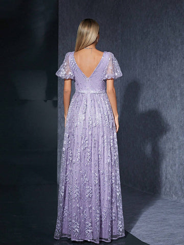 V-Neck Embroidered Lace Lantern Sleeve High-End Maid Of Honor Evening Dress With Front Slit