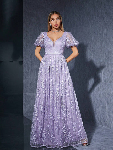 V-Neck Embroidered Lace Lantern Sleeve High-End Maid Of Honor Evening Dress With Front Slit
