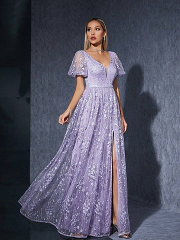 V-Neck Embroidered Lace Lantern Sleeve High-End Maid Of Honor Evening Dress With Front Slit