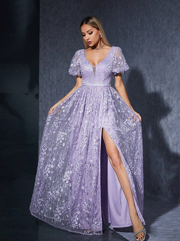 V-Neck Embroidered Lace Lantern Sleeve High-End Maid Of Honor Evening Dress With Front Slit