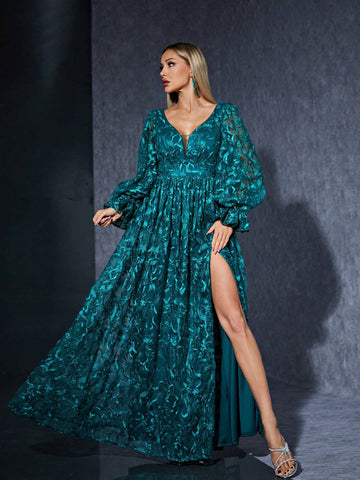 V-Neck Embroidered Lace Long Sleeve High-End Evening Dress With Front High Slit