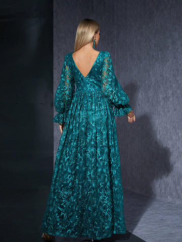 V-Neck Embroidered Lace Long Sleeve High-End Evening Dress With Front High Slit
