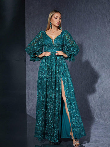 V-Neck Embroidered Lace Long Sleeve High-End Evening Dress With Front High Slit