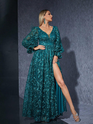 V-Neck Embroidered Lace Long Sleeve High-End Evening Dress With Front High Slit