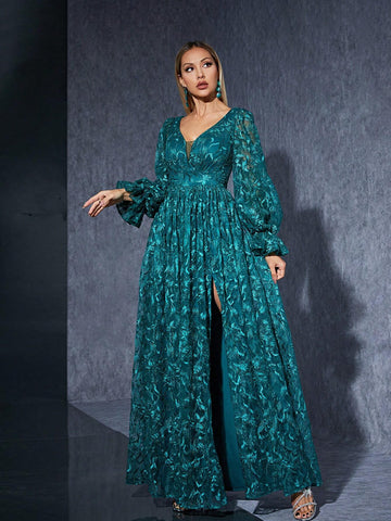 V-Neck Embroidered Lace Long Sleeve High-End Evening Dress With Front High Slit