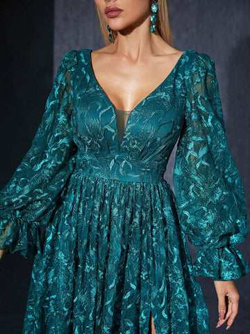 V-Neck Embroidered Lace Long Sleeve High-End Evening Dress With Front High Slit