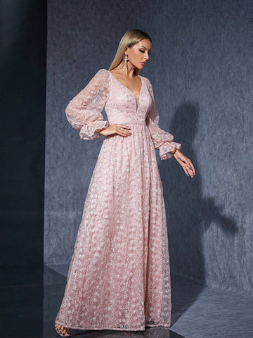 V-Neck Embroidered Lace Long Sleeve High-End Evening Gown