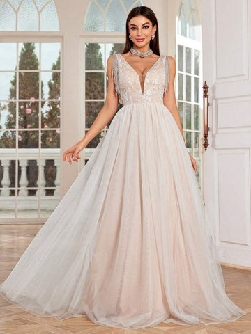 V-Neck Embroidered Lace Pearl Fringed Contrasting Color Tulle Wedding Dress Bride Bridesmaid Long Dress For Sending Guests