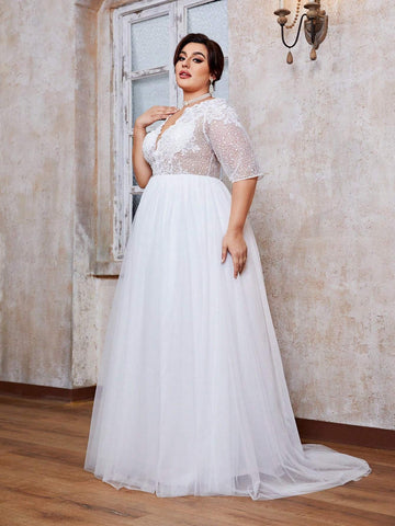 V-Neck Embroidered Lace Perspective Medium-Length Sleeve Lace Splice Mesh Big Swing Long Dress