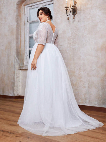 V-Neck Embroidered Lace Perspective Medium-Length Sleeve Lace Splice Mesh Big Swing Long Dress