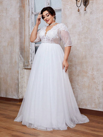 V-Neck Embroidered Lace Perspective Medium-Length Sleeve Lace Splice Mesh Big Swing Long Dress