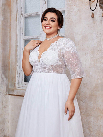 V-Neck Embroidered Lace Perspective Medium-Length Sleeve Lace Splice Mesh Big Swing Long Dress