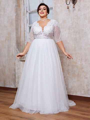 V-Neck Embroidered Lace Perspective Medium-Length Sleeve Lace Splice Mesh Big Swing Long Dress