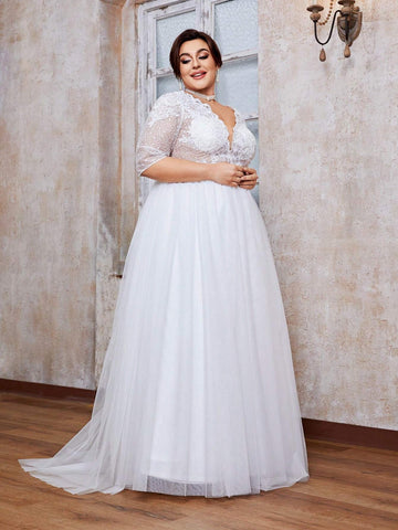 V-Neck Embroidered Lace Perspective Medium-Length Sleeve Lace Splice Mesh Big Swing Long Dress