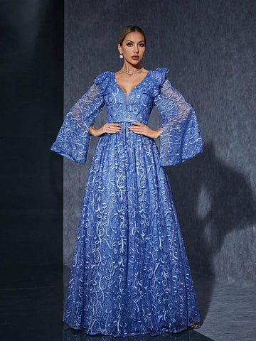 V-Neck Embroidered Lace Ruffle Fishtail Sleeve High-End Bridesmaid Dress