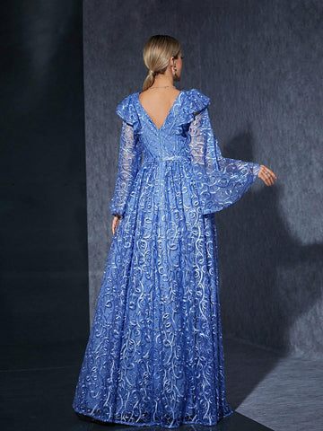 V-Neck Embroidered Lace Ruffle Fishtail Sleeve High-End Bridesmaid Dress