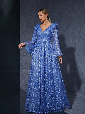 V-Neck Embroidered Lace Ruffle Fishtail Sleeve High-End Bridesmaid Dress