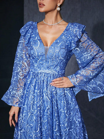 V-Neck Embroidered Lace Ruffle Fishtail Sleeve High-End Bridesmaid Dress