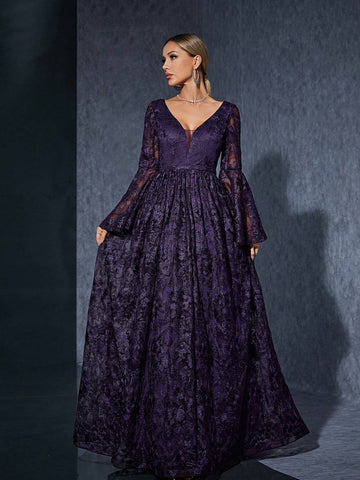 V-Neck Embroidered Lace Sexy Trumpet Sleeve High-End Evening Dress