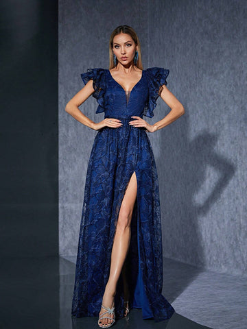 V-Neck Embroidered Lace Short Sleeve High-End Evening Dress With Asymmetrical Hemline