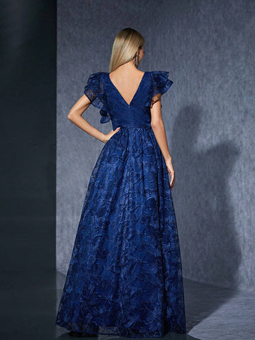 V-Neck Embroidered Lace Short Sleeve High-End Evening Dress With Asymmetrical Hemline