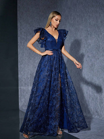 V-Neck Embroidered Lace Short Sleeve High-End Evening Dress With Asymmetrical Hemline