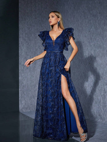 V-Neck Embroidered Lace Short Sleeve High-End Evening Dress With Asymmetrical Hemline