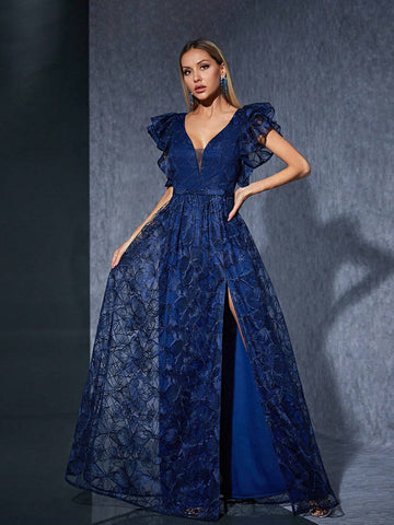 V-Neck Embroidered Lace Short Sleeve High-End Evening Dress With Asymmetrical Hemline