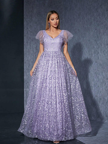 V-Neck Embroidered Lace & Mesh Double Layered Ruffle Sleeve Maxi Dress