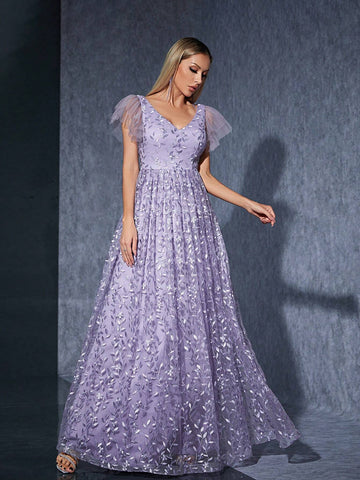 V-Neck Embroidered Lace & Mesh Double Layered Ruffle Sleeve Maxi Dress