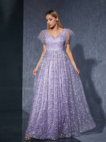 V-Neck Embroidered Lace & Mesh Double Layered Ruffle Sleeve Maxi Dress