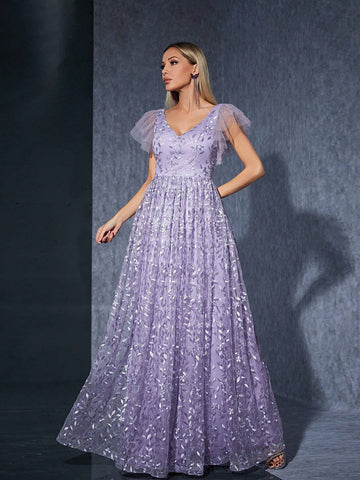 V-Neck Embroidered Lace & Mesh Double Layered Ruffle Sleeve Maxi Dress