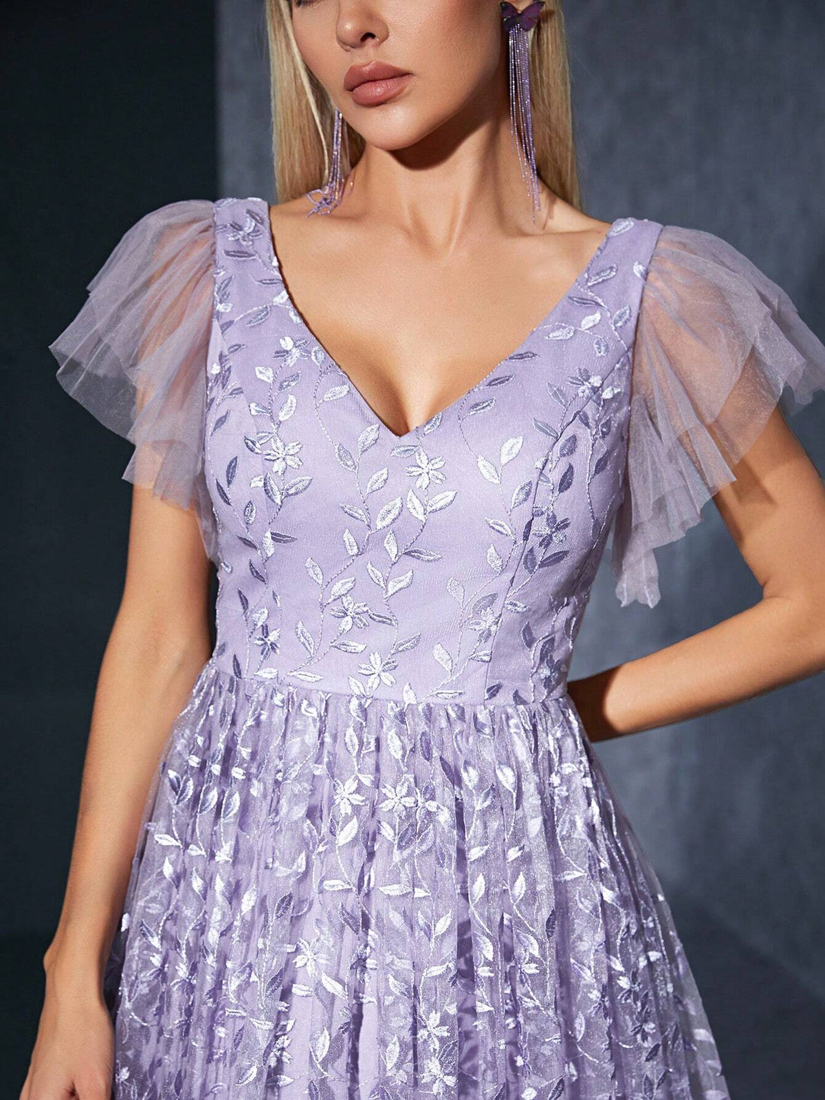 V-Neck Embroidered Lace & Mesh Double Layered Ruffle Sleeve Maxi Dress