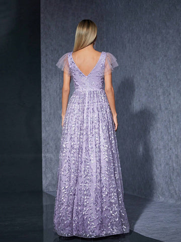 V-Neck Embroidered Lace & Mesh Double Layered Ruffle Sleeve Maxi Dress