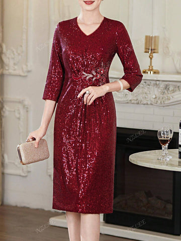 V-Neck Fitted Sequin Cocktail Dress - Elegant 3/4 Sleeve Floral Embroidered Stretch Dress For Women - Suitable For Weddings, Formal Events, Parties, Ceremonies, All Seasons