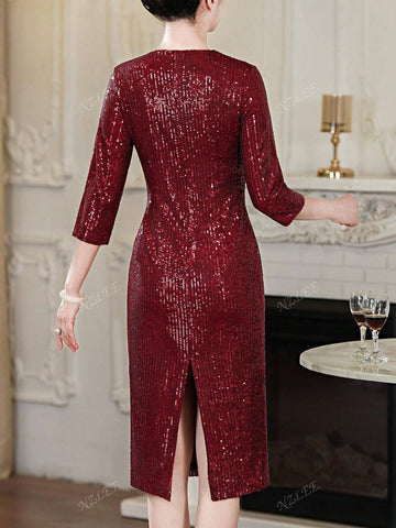 V-Neck Fitted Sequin Cocktail Dress - Elegant 3/4 Sleeve Floral Embroidered Stretch Dress For Women - Suitable For Weddings, Formal Events, Parties, Ceremonies, All Seasons