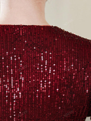 V-Neck Fitted Sequin Cocktail Dress - Elegant 3/4 Sleeve Floral Embroidered Stretch Dress For Women - Suitable For Weddings, Formal Events, Parties, Ceremonies, All Seasons