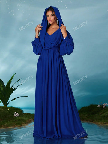 V-Neck Hooded Criss-Cross Pendant Lantern Sleeve Chiffon Maxi Dress