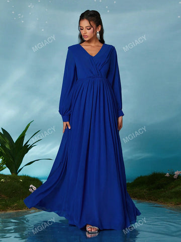 V-Neck Hooded Criss-Cross Pendant Lantern Sleeve Chiffon Maxi Dress