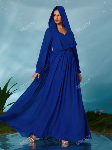 V-Neck Hooded Criss-Cross Pendant Lantern Sleeve Chiffon Maxi Dress